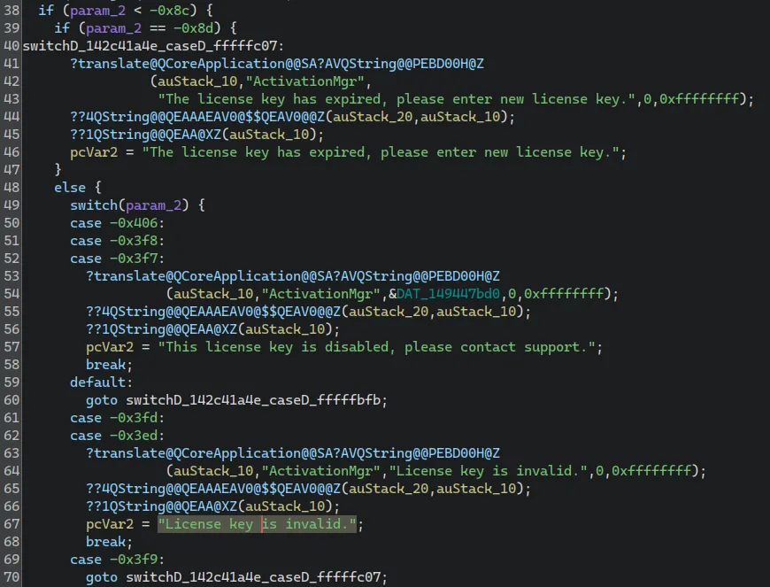 A screenshot of Ghidra showing the error message 'License key is invalid'