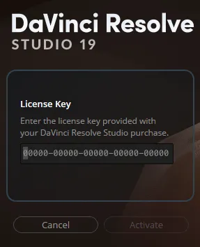 A screenshot of DaVinci Resolve Studio asking for a license key